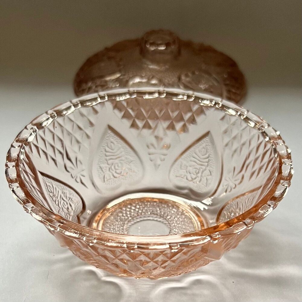 Vintage Pink Glass Heart Motif Embossed Sugar, Candy, Trinket Dish with Lid - Picture 6 of 13